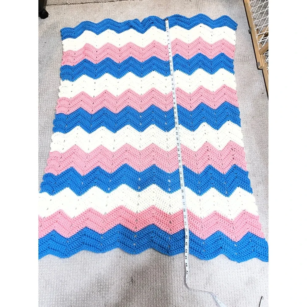 Handmade Crochet Baby Blanket Chevron Ripple Blue Pink White Striped Throw 32x46